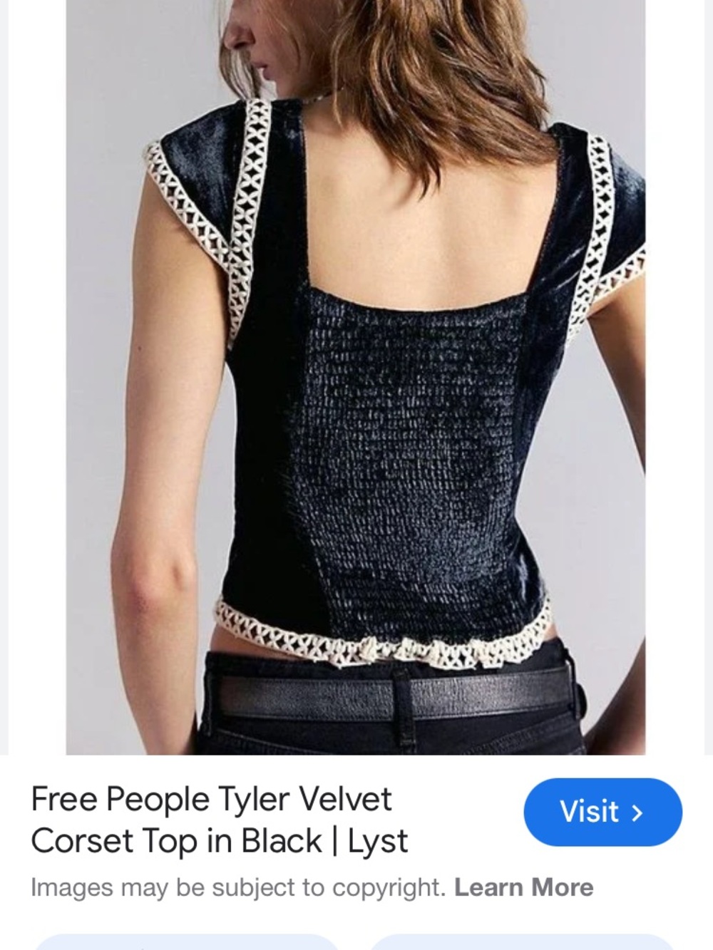 Free People Tyler Velvet‎ Smocked Black Cropped Top NWT XS Crochet Ren Faire - Picture 2 of 16